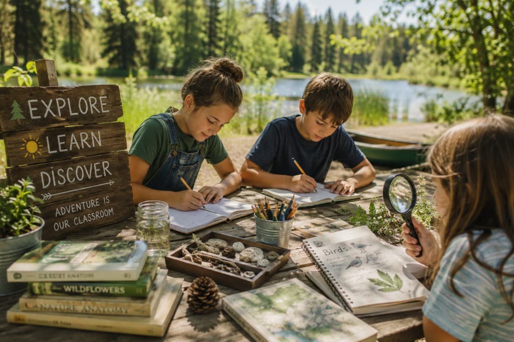Three children journaling and exploring nature at an outdoor wooden table by a lake, with books, leaves, stones, and a sign that says Explore, Learn, Discover.