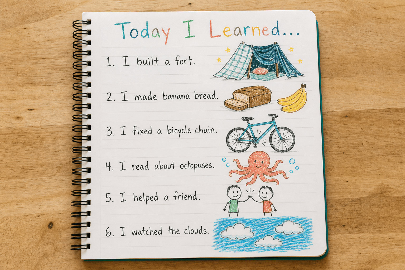A child-created spiral notebook titled “Today I Learned” filled with drawings and a list of everyday activities, including building a fort, making banana bread, fixing a bicycle chain, reading about octopuses, helping a friend, and watching the clouds.